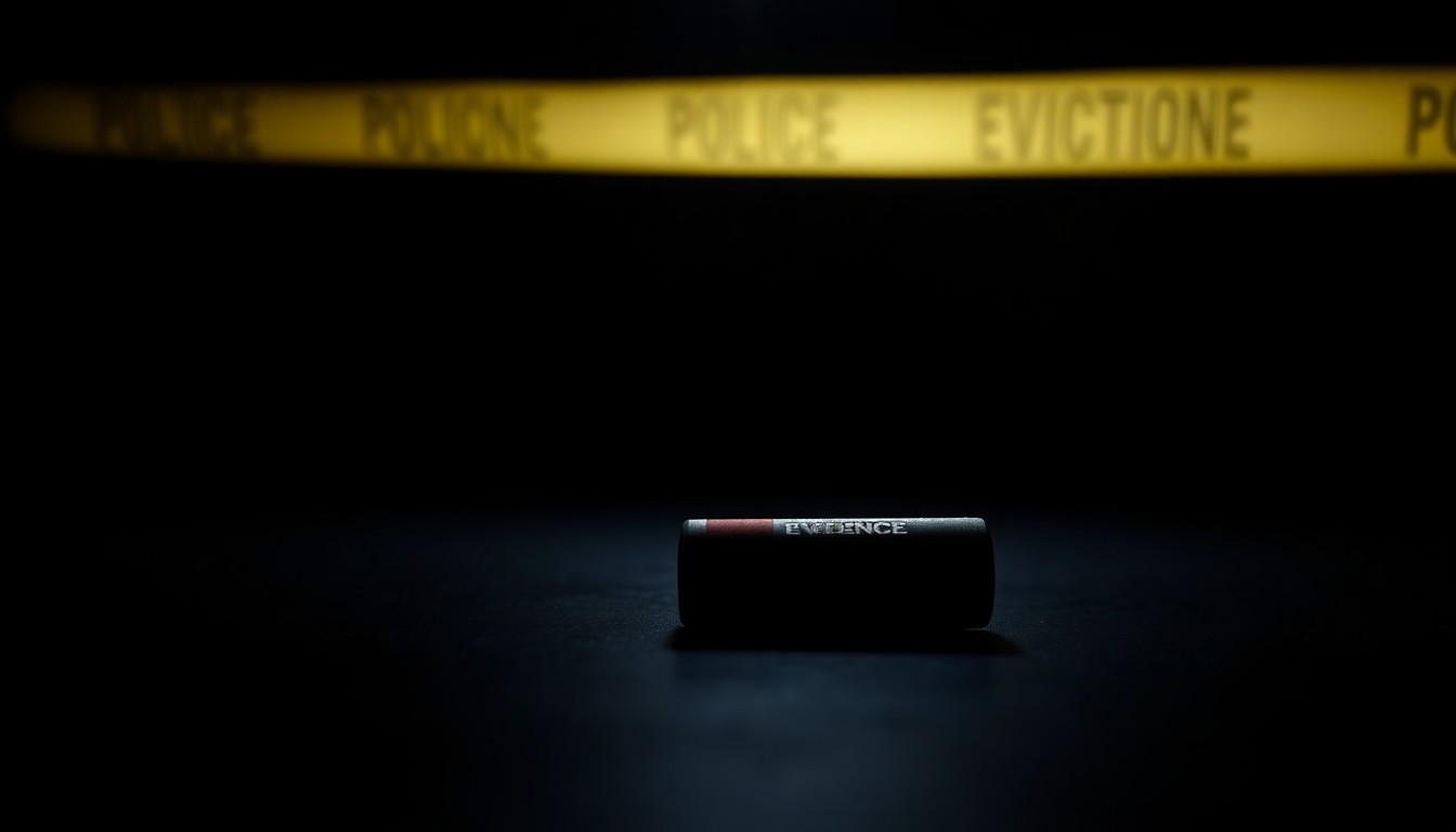 An extreme close-up photograph of a small police evidence marker or other crime scene object, lit dramatically by a harsh camera flash against a pitch-black background, conveying a sense of the gritty, investigative nature of the police inquiry.