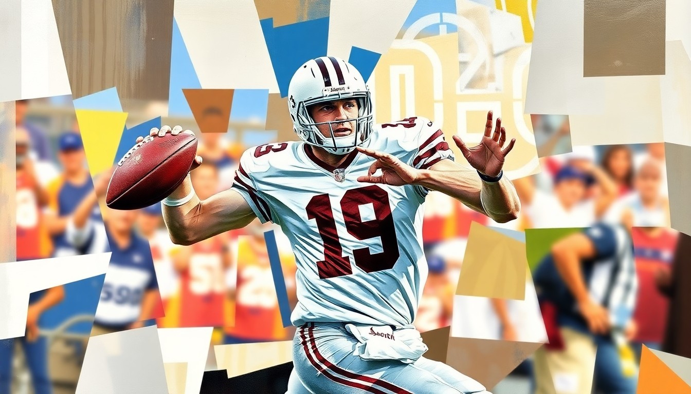 A cubist, geometric painting depicting a college football quarterback in motion, with sharp, overlapping planes of color and form capturing the dynamic energy of the sport.
