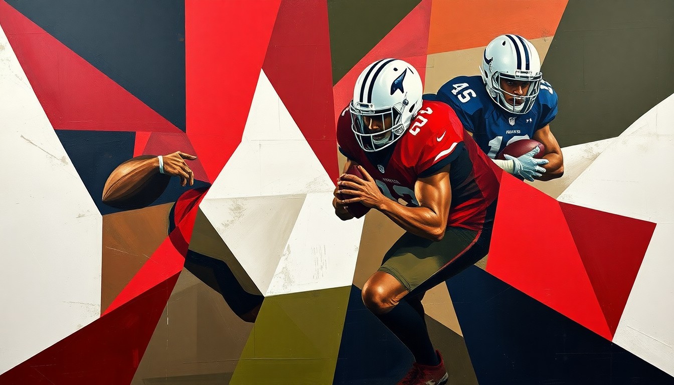 A fractured, multi-perspective painting breaking down a football pass rush into sharp, overlapping geometric planes in deep red, navy blue, and olive green, capturing the 49ers' selective approach to edge rushers in the upcoming draft.