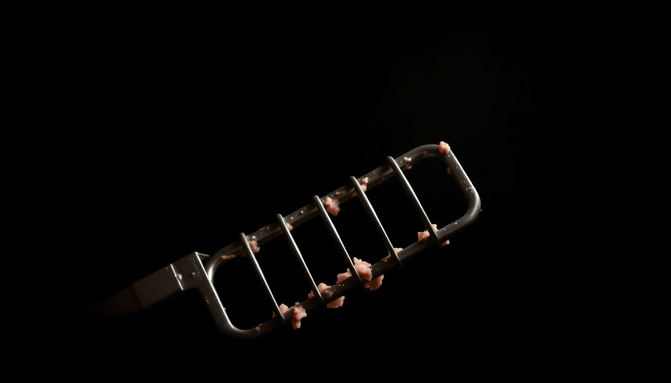 An extreme close-up of a metal meat-shredding utensil, its sharp tines and textured surface dramatically lit against a pitch-black background, conceptually representing the tools used in the insurance fraud scheme.