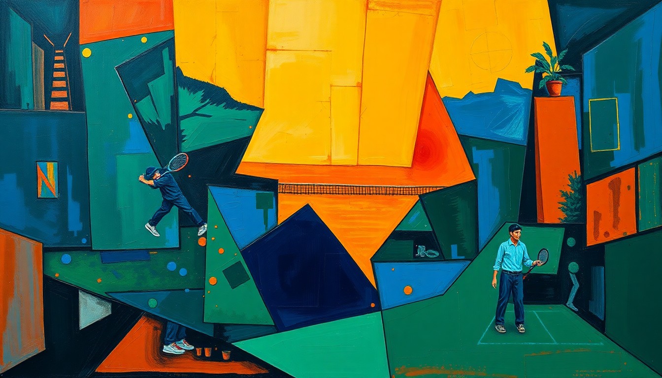 A cubist, geometric painting depicting a tennis match, with overlapping planes of color and form representing the dynamic action on the court.
