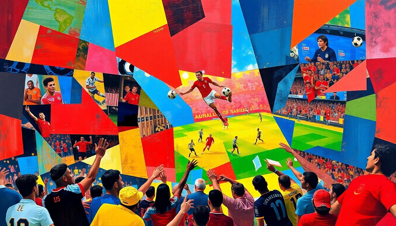 A cubist, geometric painting depicting a vibrant soccer celebration, with overlapping planes of red, blue, and yellow creating a dynamic, fragmented visual experience.