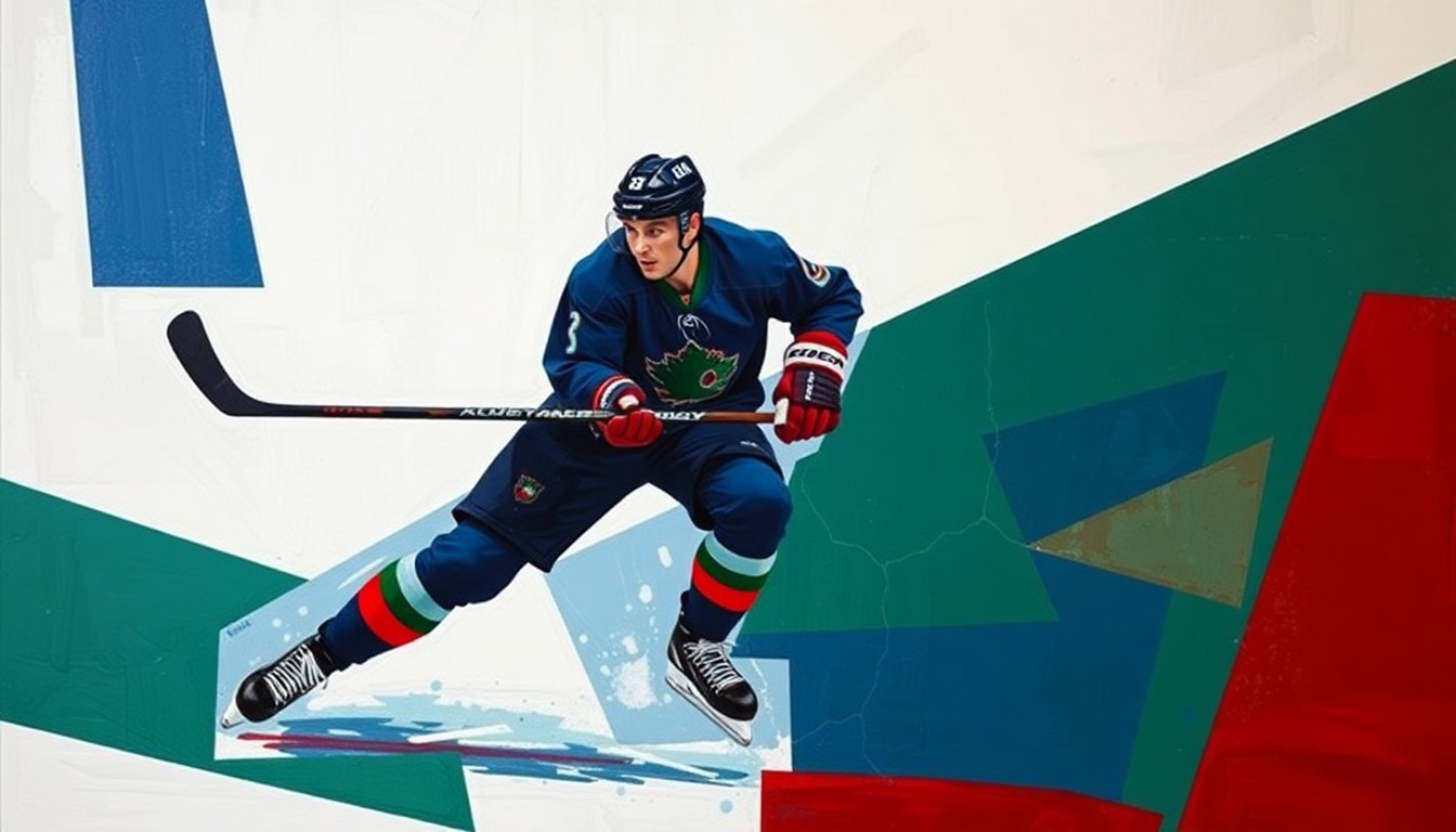 A cubist, geometric illustration depicting a hockey player in motion, with their body and movements broken down into sharp, overlapping planes of navy blue, forest green, and crimson red.