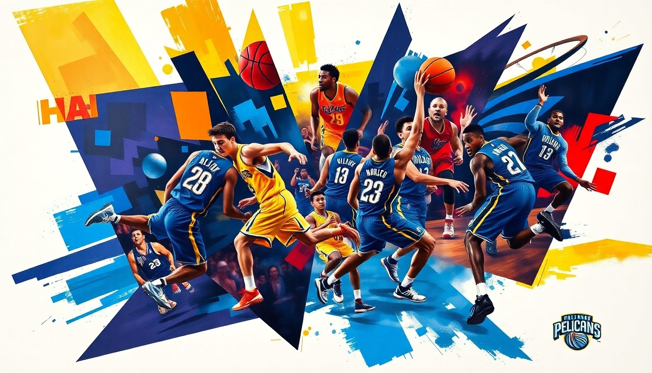 A cubist, geometric painting depicting a fast-paced basketball game between the New Orleans Pelicans and Orlando Magic, with the players and court rendered in a fractured, multi-perspective style using vibrant team colors.
