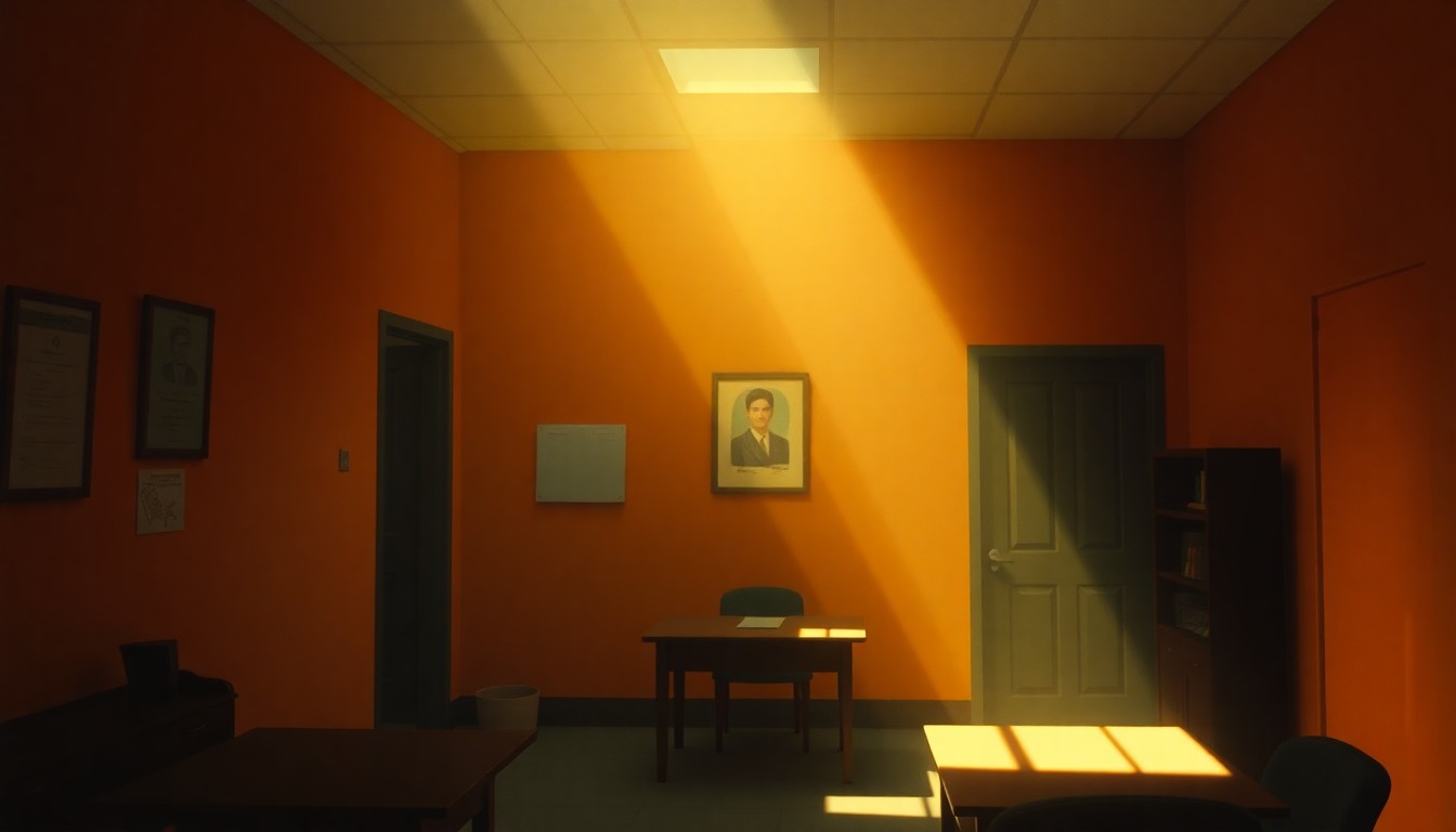 A dimly lit, nostalgic painting of a Haitian passport or consular office space, with warm sunlight streaming through a window and casting deep shadows across the scene, conveying a sense of quiet contemplation and bureaucratic routine.