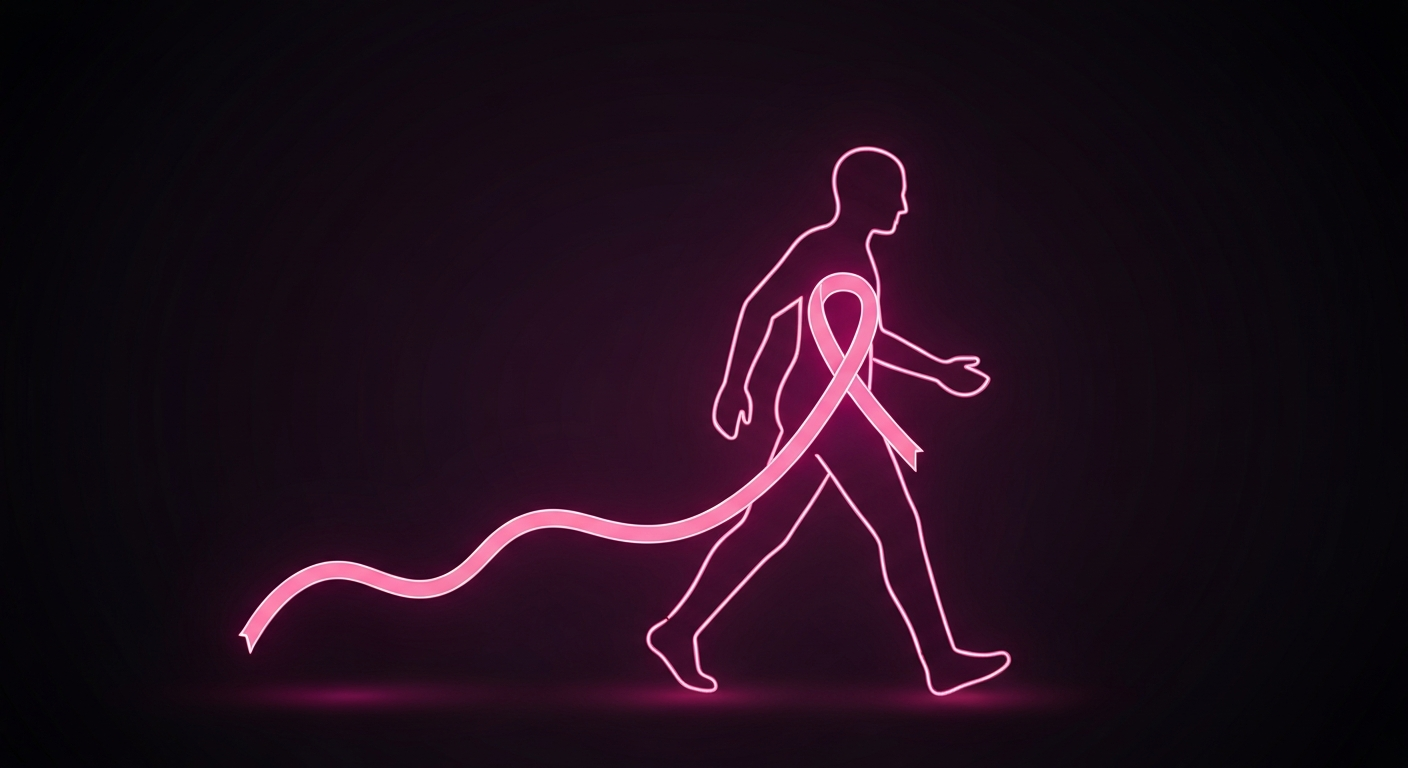 A glowing neon outline of a person walking, with a pink ribbon trailing behind them, set against a dark background and conveying the energy and movement of the community event.