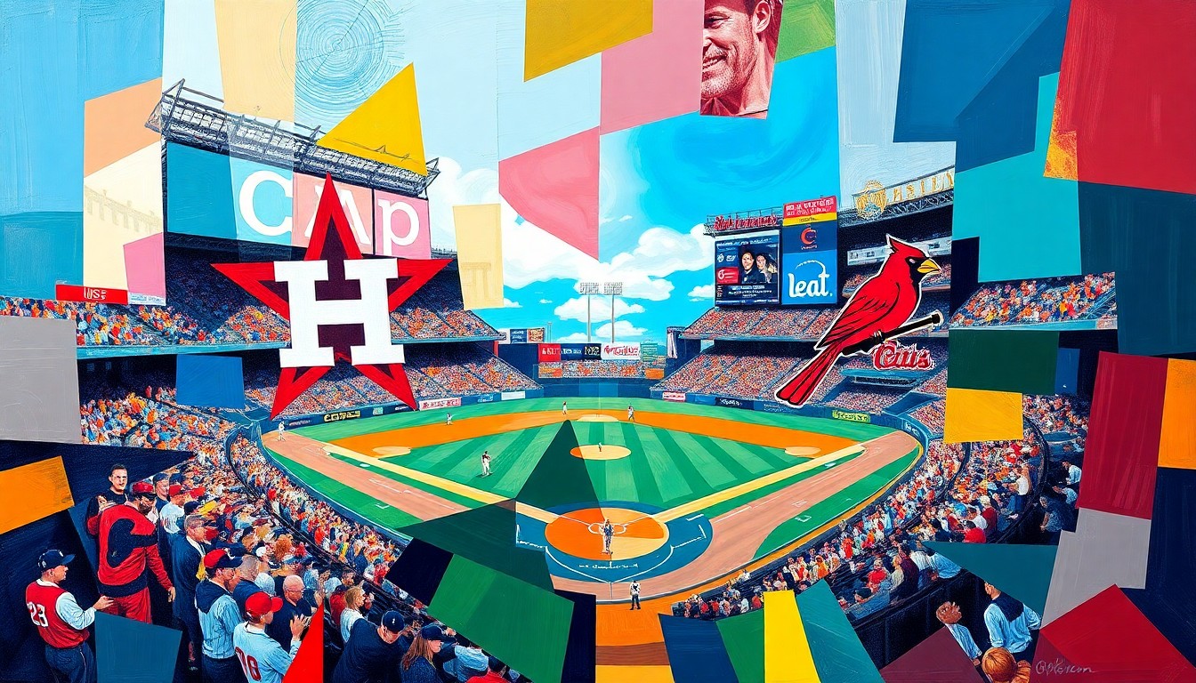 A fractured, geometric painting in vibrant team colors, depicting the dynamic movements and shifting positions of a baseball game in an abstract, deconstructed style.