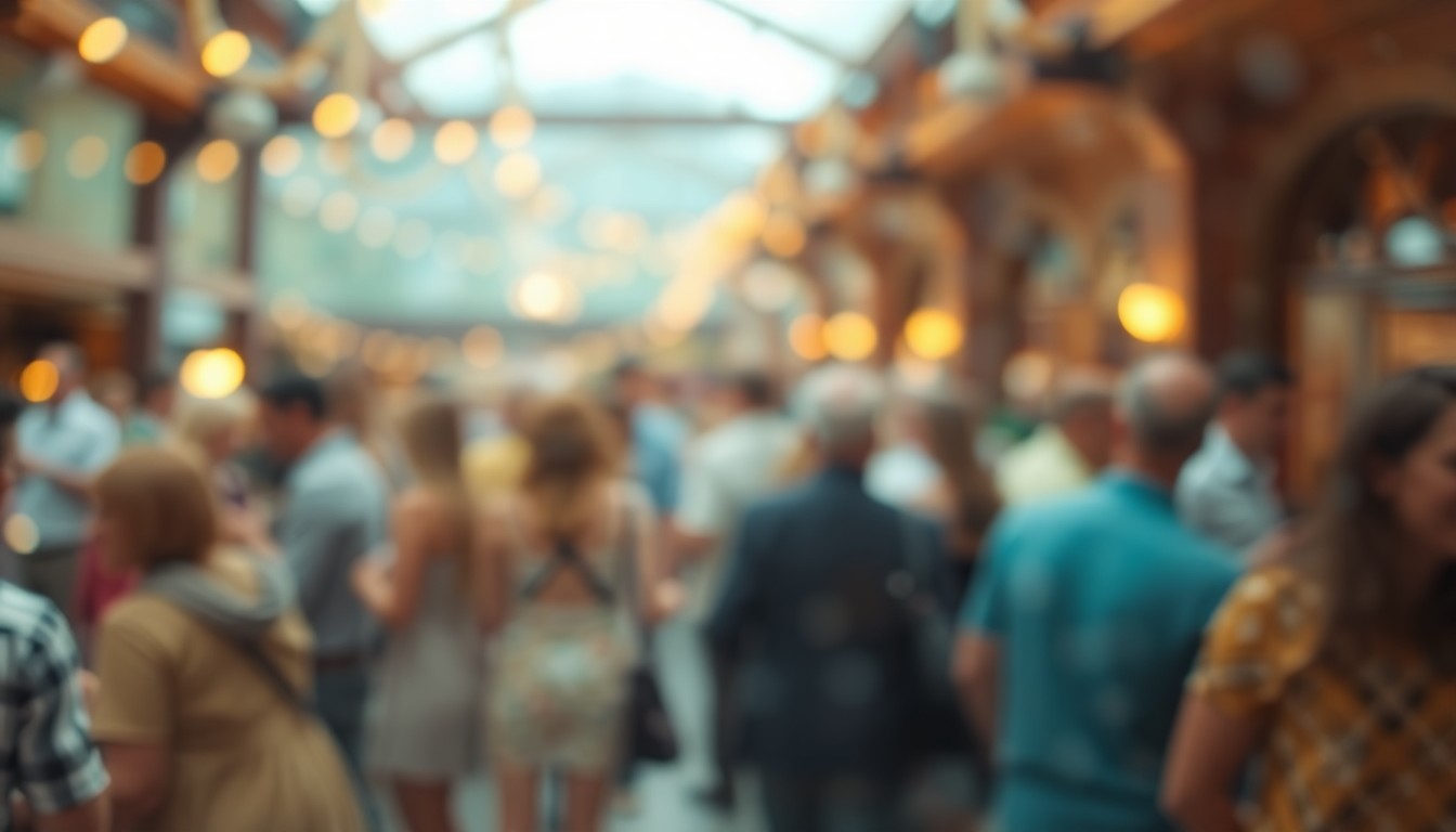 An abstract, impressionistic scene of blurred figures in a warm, softly lit setting, conveying the community atmosphere of the housing fair event.