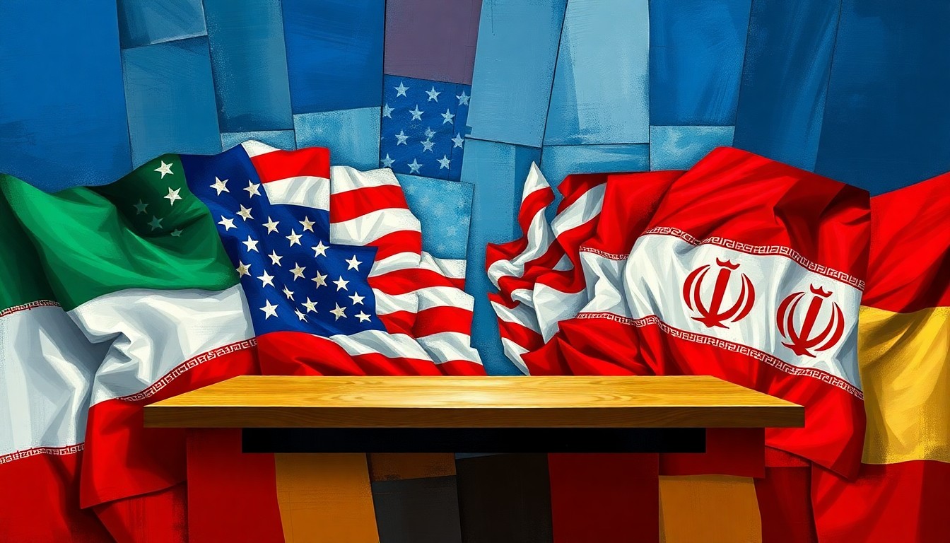 A conceptual, abstract painting featuring overlapping, geometric shapes and waves of deep blue, crimson red, and gold, representing the complex and high-stakes diplomatic negotiations between the United States and Iran that Vice President Vance has been tasked to lead.