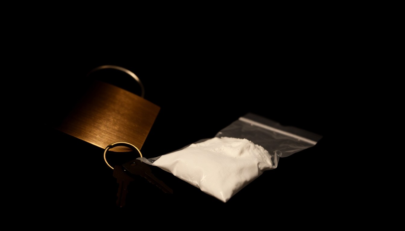 An extreme close-up photograph of a padlock, a set of car keys, and a small plastic bag containing white powder, all lit by a harsh, direct camera flash against a pitch-black background, conceptually representing the physical evidence of a property crime investigation.