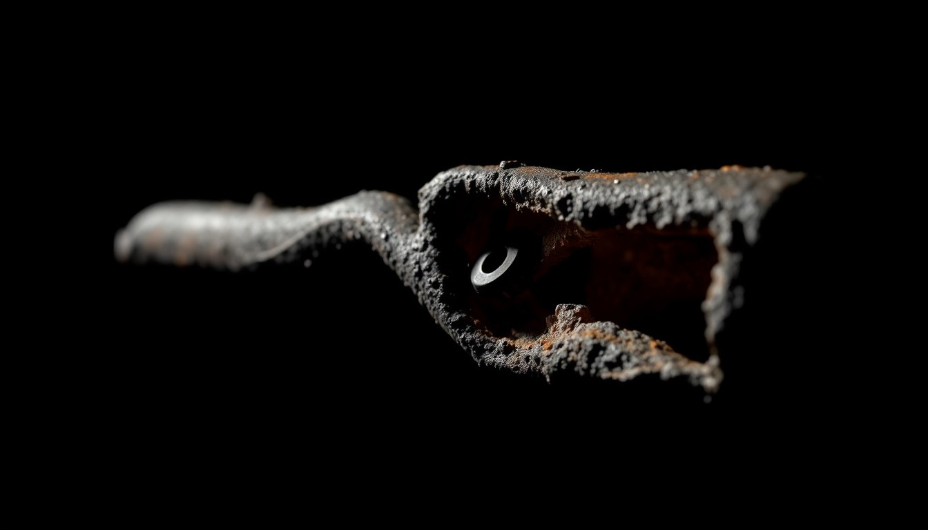 An extreme close-up of a charred, twisted metal object from the house fire scene, dramatically lit by a harsh, direct camera flash against a pitch-black background, conceptually illustrating the devastation of the deadly blaze.