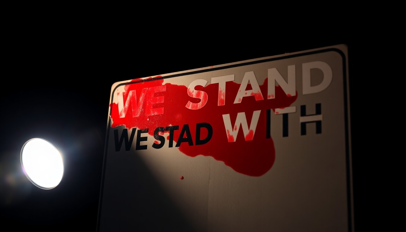 An extreme close-up photograph of a damaged 'We Stand With Israel' sign, partially covered in a red substance, conceptually illustrating the vandalism incidents under investigation.