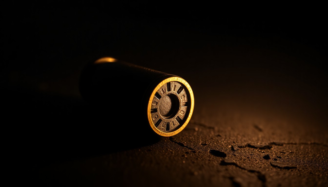 An extreme close-up photograph of a spent shell casing on a dark, textured surface, lit by a harsh, direct camera flash, conceptually illustrating the aftermath of a shooting incident.