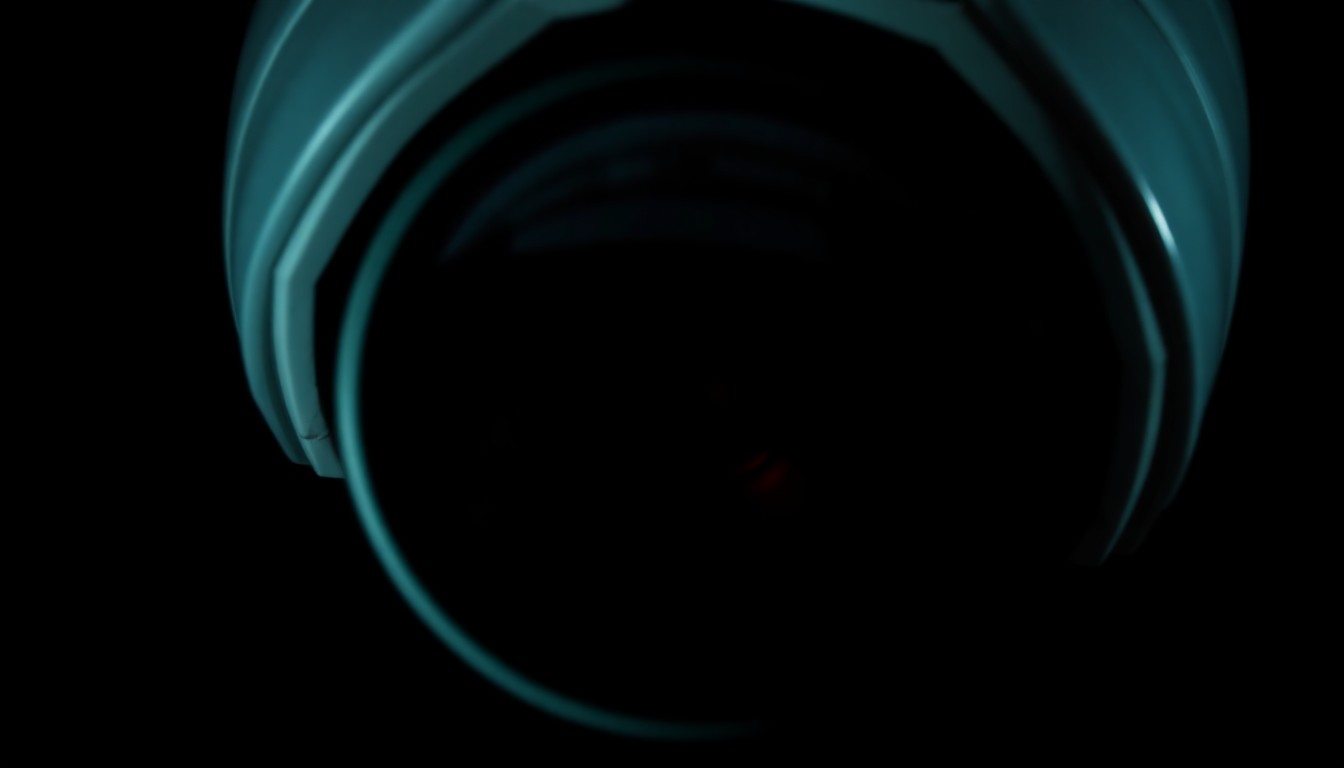 An extreme close-up of a school security camera lens reflecting a faint red light, conceptually illustrating the investigation of a threat to a school.