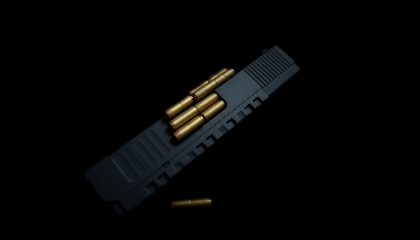An extreme close-up photograph of a loaded handgun magazine and ammunition, the metal and bullets sharply illuminated against a dark background, creating a stark, gritty aesthetic that conveys the serious nature of the crime.