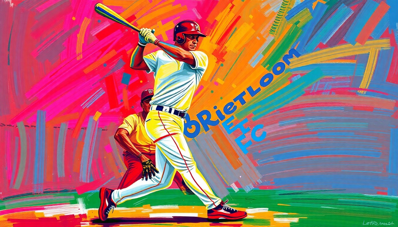 An abstract painting in neon colors and expressive brushstrokes depicting a baseball player mid-swing, the bat a blur of motion as it flies towards the pitcher's mound, capturing the raw energy and emotion of the confrontation on the field.