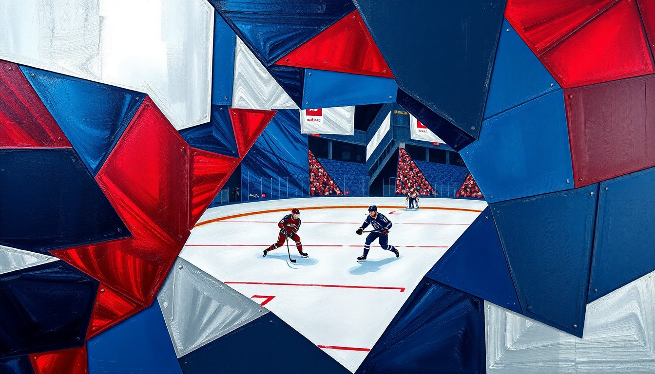 A cubist, geometric painting depicting a hockey game in motion, with overlapping planes of navy, red, and silver conveying the energy and intensity of the sport.