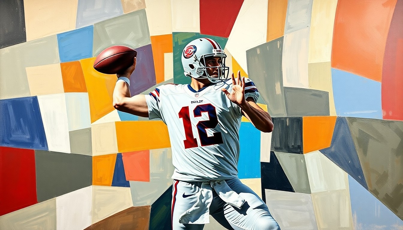 A cubist-style painting depicting a football quarterback's throwing motion broken down into sharp, overlapping geometric shapes and planes, conceptually representing the need to move past mistakes and focus on the next opportunity.