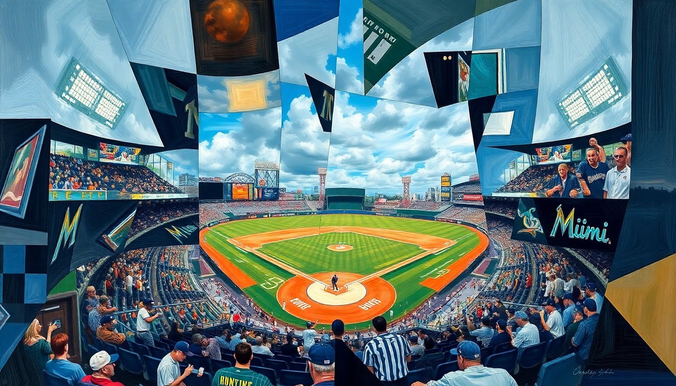 A fractured, multi-perspective painting depicting a baseball game, with sharp, overlapping geometric planes in a cubist style representing the dynamic action on the field.