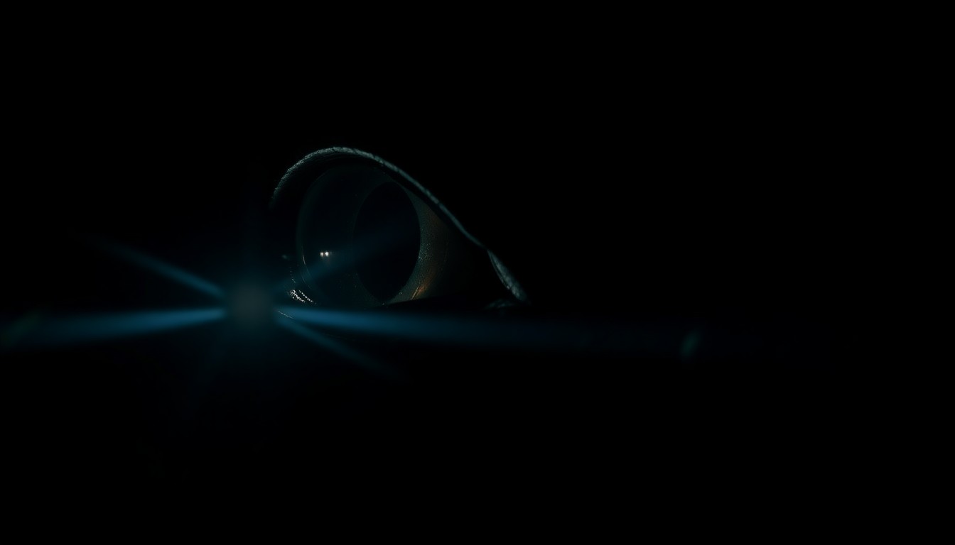 An extreme close-up photograph of an alligator's eye, the harsh camera flash creating a stark, dramatic, and investigative aesthetic.