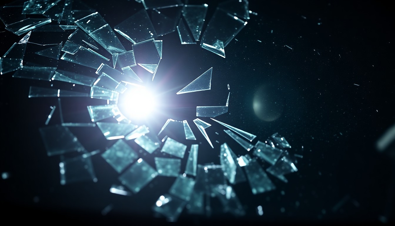 An extreme close-up photograph of a shattered car windshield reflecting a single bright headlight, conceptually illustrating the aftermath of a violent head-on collision.