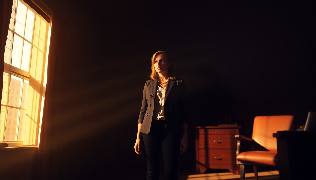 A cinematic painting of a lone figure of Julianna Stratton standing in a dimly lit political office, the scene bathed in warm diagonal sunlight and deep shadows, conveying a sense of quiet determination and purpose.