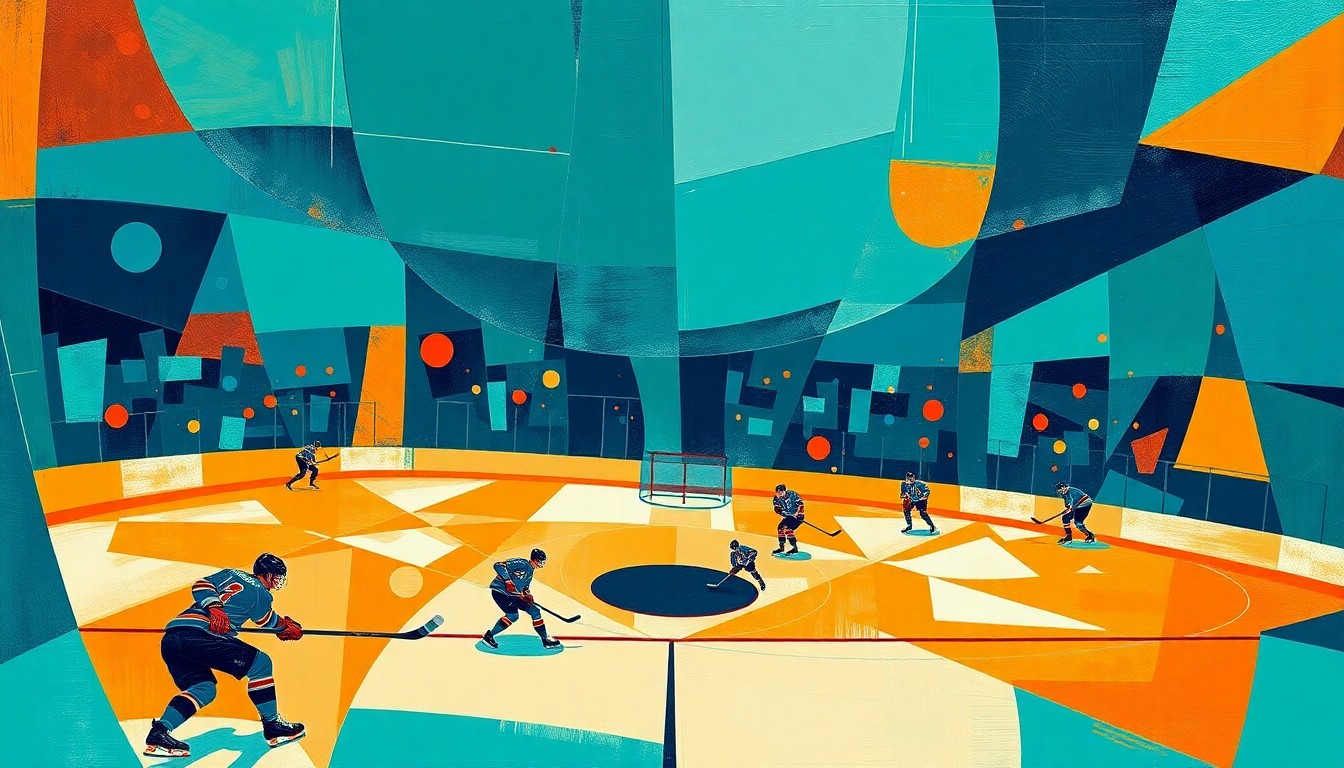 A cubist-style painting depicting a hockey game broken down into sharp, overlapping geometric shapes in teal, orange, and navy blue, conveying the dynamic energy and movement of the sport.