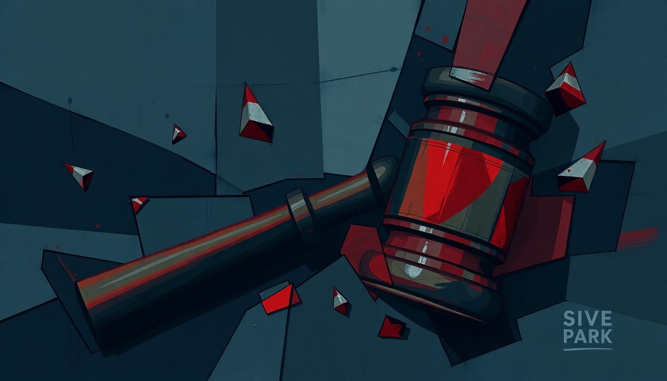 A fragmented, abstract painting featuring overlapping geometric shapes in shades of navy, grey, and red, conceptually representing the chaotic and politically-motivated nature of the Justice Department's investigation.