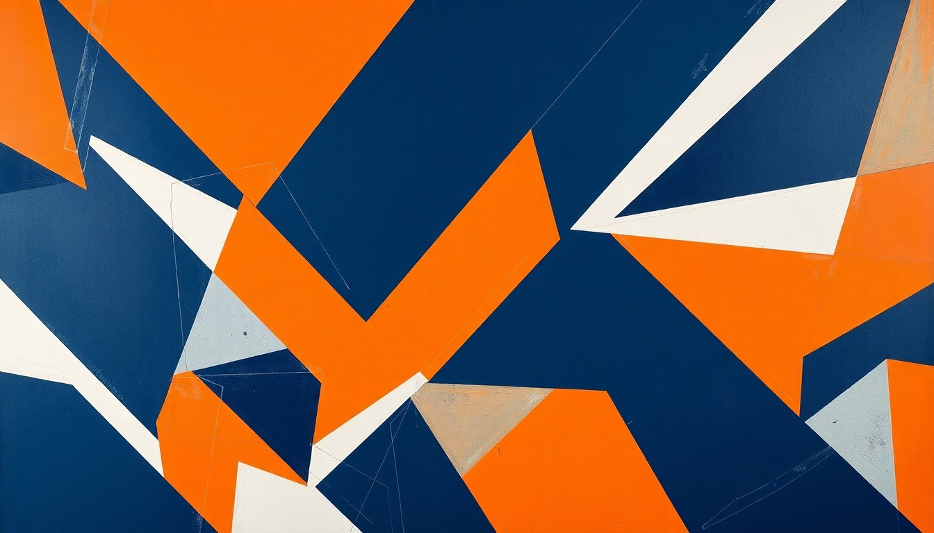 A cubist, geometric painting depicting a Virginia Cavaliers football game, with sharp planes of navy blue, orange, and white overlapping to create a fragmented, multi-perspective visual representation of the action on the field.