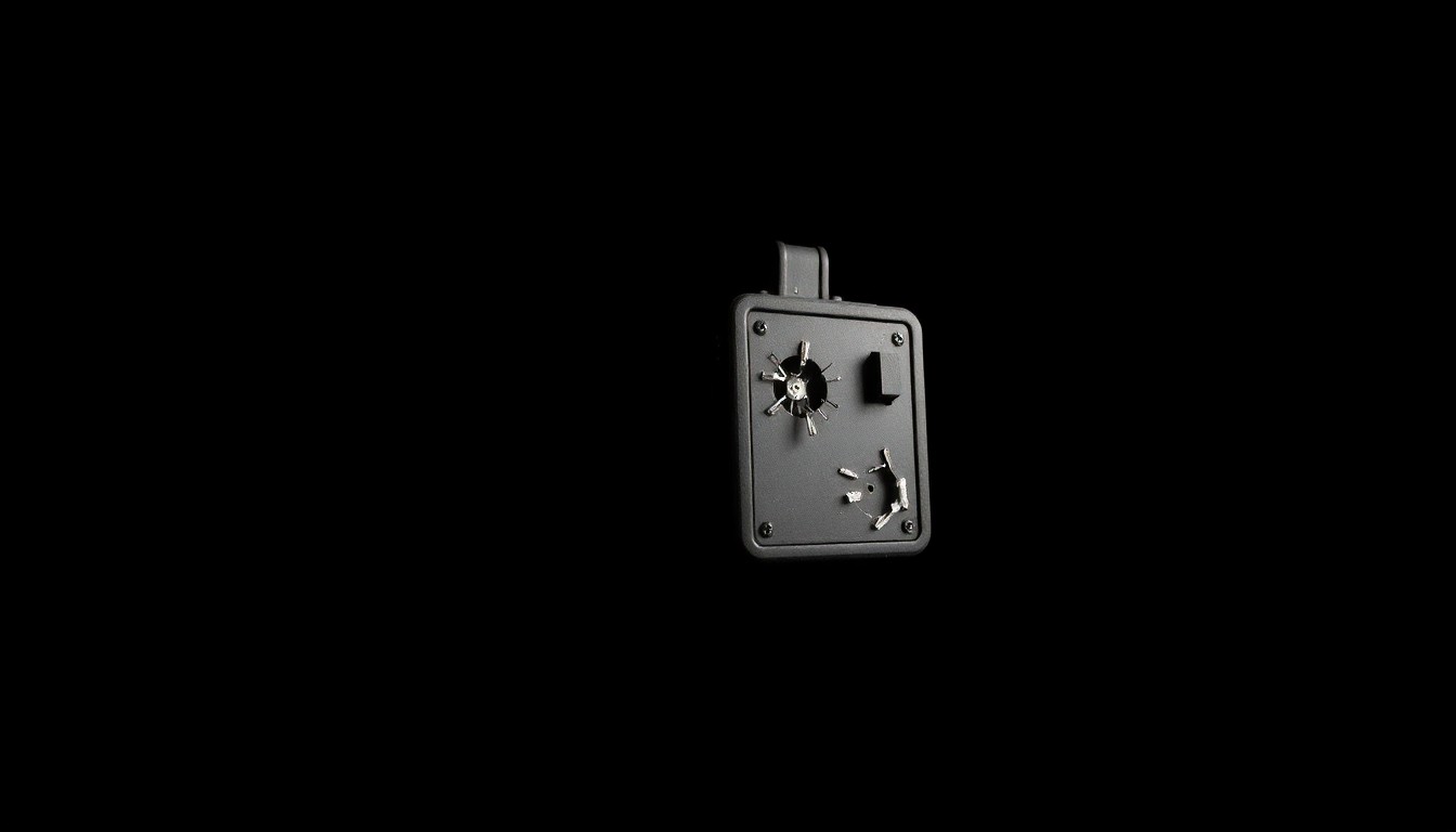 An extreme close-up photograph of a broken bird tracking device against a pitch-black background, lit by a harsh, direct camera flash, conceptually illustrating the security breach at the Marysville falconry facility.