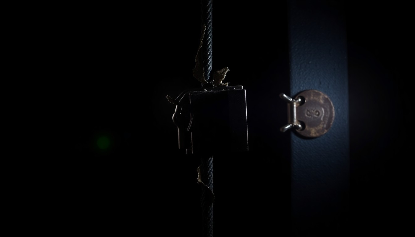 An extreme close-up photograph of a broken lock or damaged fence panel, conceptually illustrating the vandalism and break-in at a beagle breeding facility.