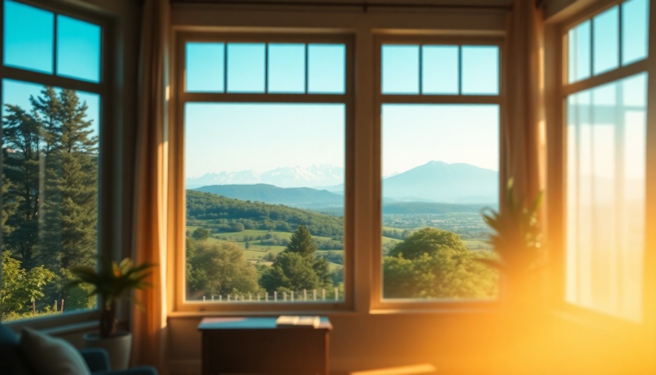 An extremely abstracted, out-of-focus photograph of a cozy living room with large windows overlooking a lush green landscape and distant mountains, bathed in warm, hazy light, conveying a sense of tranquility and timeless elegance.