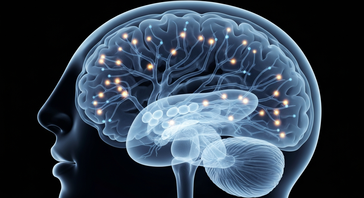 A highly detailed, translucent X-ray image of a human brain, with glowing neural pathways and synaptic connections, conceptually representing the potential of psychedelic medicines to unlock new pathways for mental health treatment.