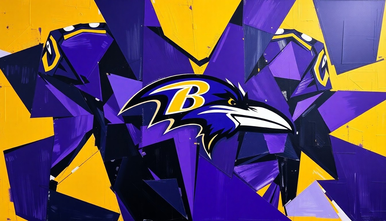 A cubist, geometric painting featuring overlapping planes of purple, black, and gold, conceptually representing the Ravens' new uniform design.