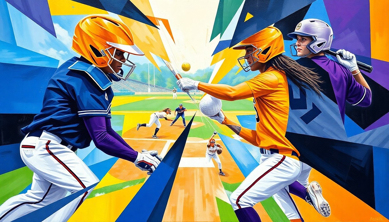 A fragmented, geometric painting in bold blues, golds, purples, and whites, capturing the dynamic energy of a college softball game through Picasso-esque abstraction.