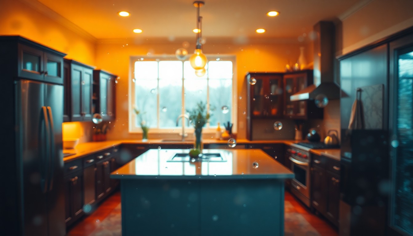 An extremely abstracted, out-of-focus photograph shot through condensation or rain-streaked glass, depicting a cozy, warm interior scene of a modern kitchen with stainless steel appliances and a large island, surrounded by soft pools of light, conceptually representing the luxurious and inviting atmosphere of the Huntersville home.
