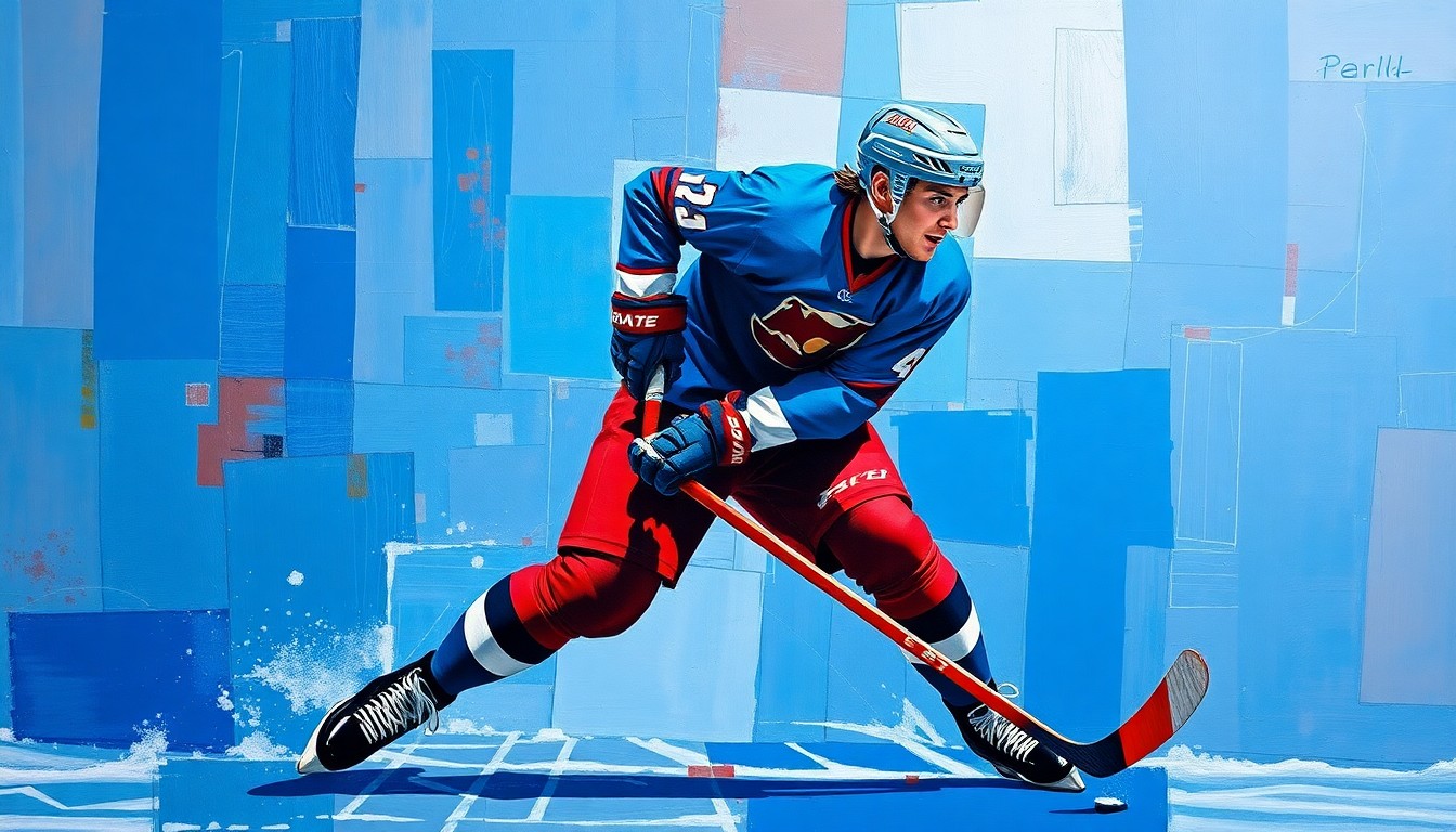 A cubist, geometric painting depicting a hockey player in mid-motion, with sharp planes of color and overlapping perspectives conveying the dynamic energy of the sport.