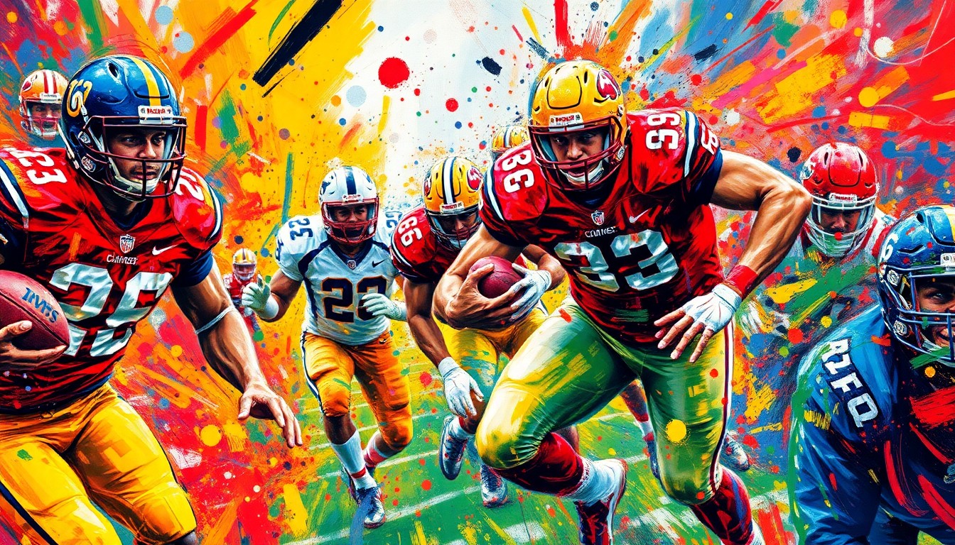 An abstract expressionist painting in vibrant neon colors, with blurred football players' forms and movement captured through rapid brushstrokes, conveying the raw energy and excitement of a college football game.