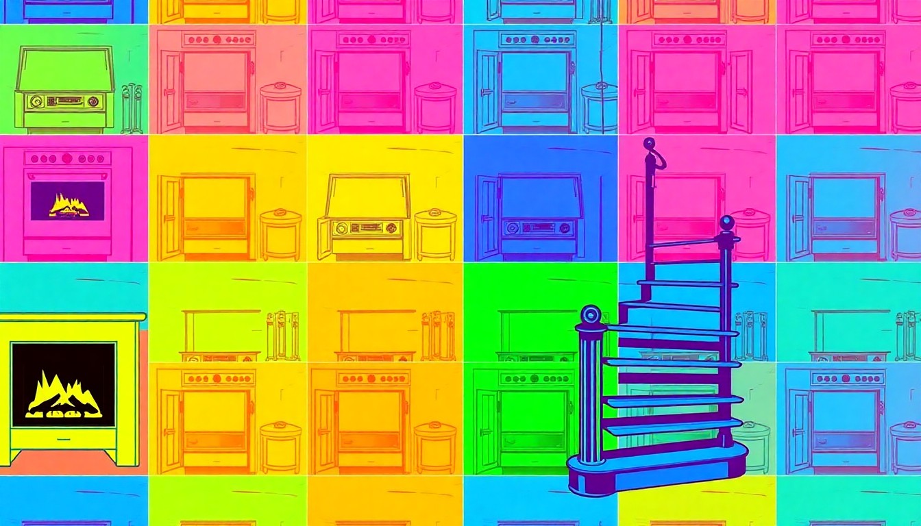 A brightly colored, high-contrast silkscreen-style illustration featuring a repeated pattern of a sleek, high-end kitchen appliance, conceptually representing the refined design and modern conveniences of a luxury Boston property.