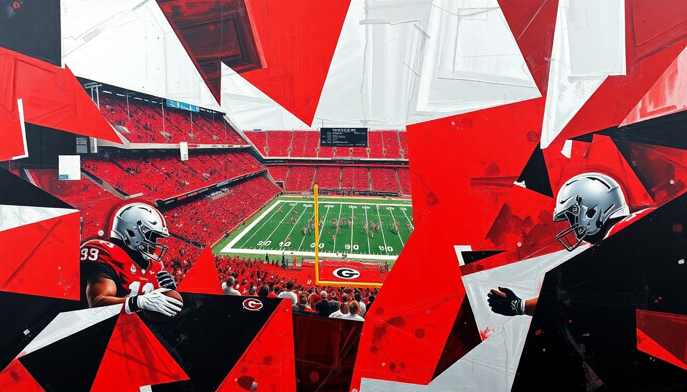 A cubist, geometric illustration depicting a Georgia Bulldogs football game, with sharp, overlapping planes of red, black, and silver representing the action on the field.