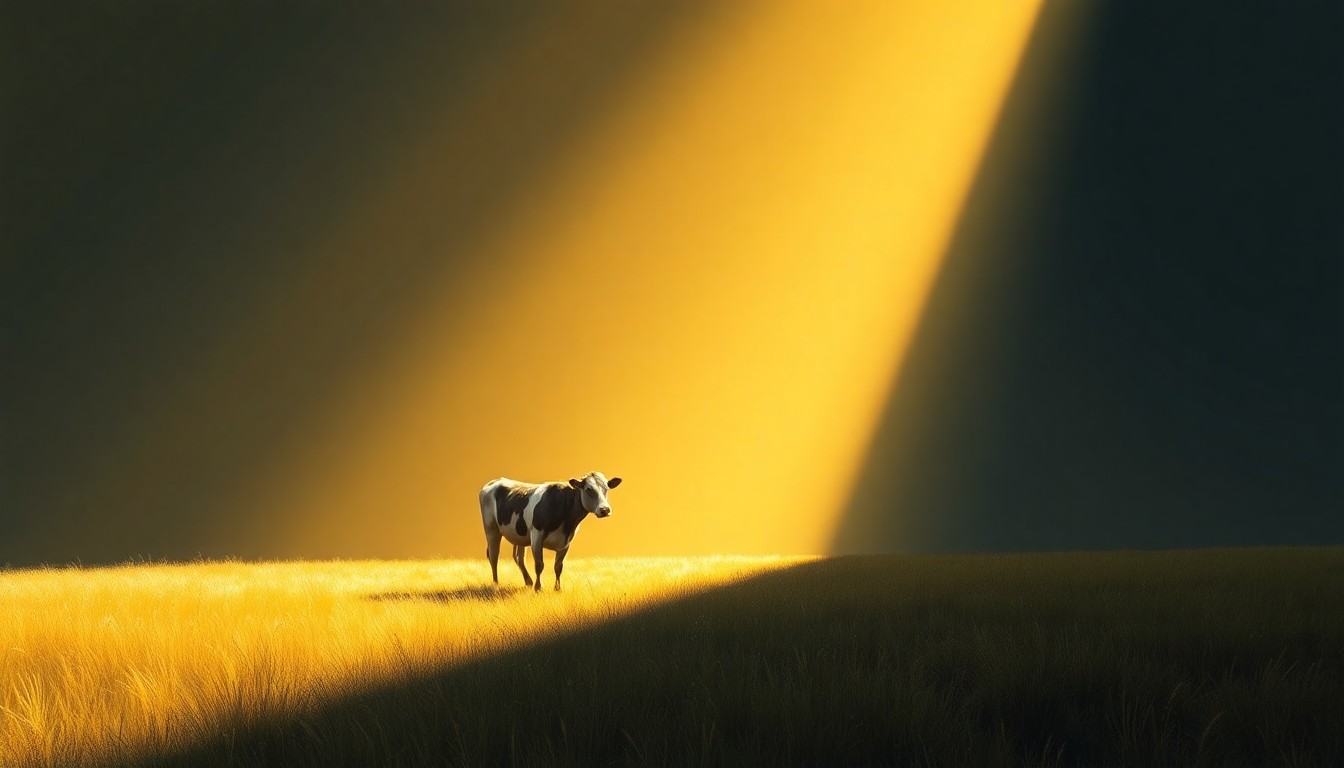 A serene painting of a lone dairy cow standing in a grassy field at Point Reyes National Seashore, the warm sunlight and deep shadows creating a contemplative, nostalgic mood.