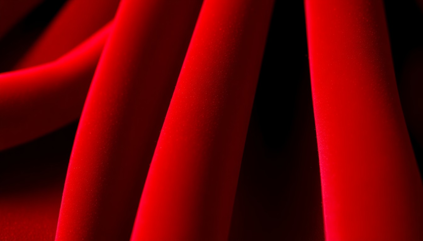 An extreme close-up photograph of rich, velvety red fabric with dramatic shadows and highlights, conveying a sense of high-end glamour and romance.