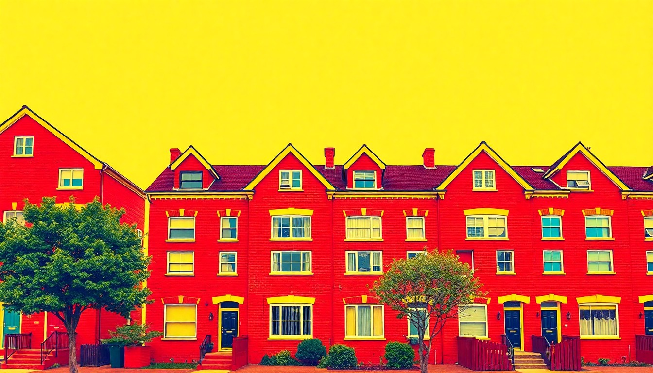 A highly stylized, silkscreen-inspired illustration featuring a repeating grid pattern of a classic red brick duplex home, rendered in bold, neon-bright colors that transform the everyday architecture into a modern pop art piece.