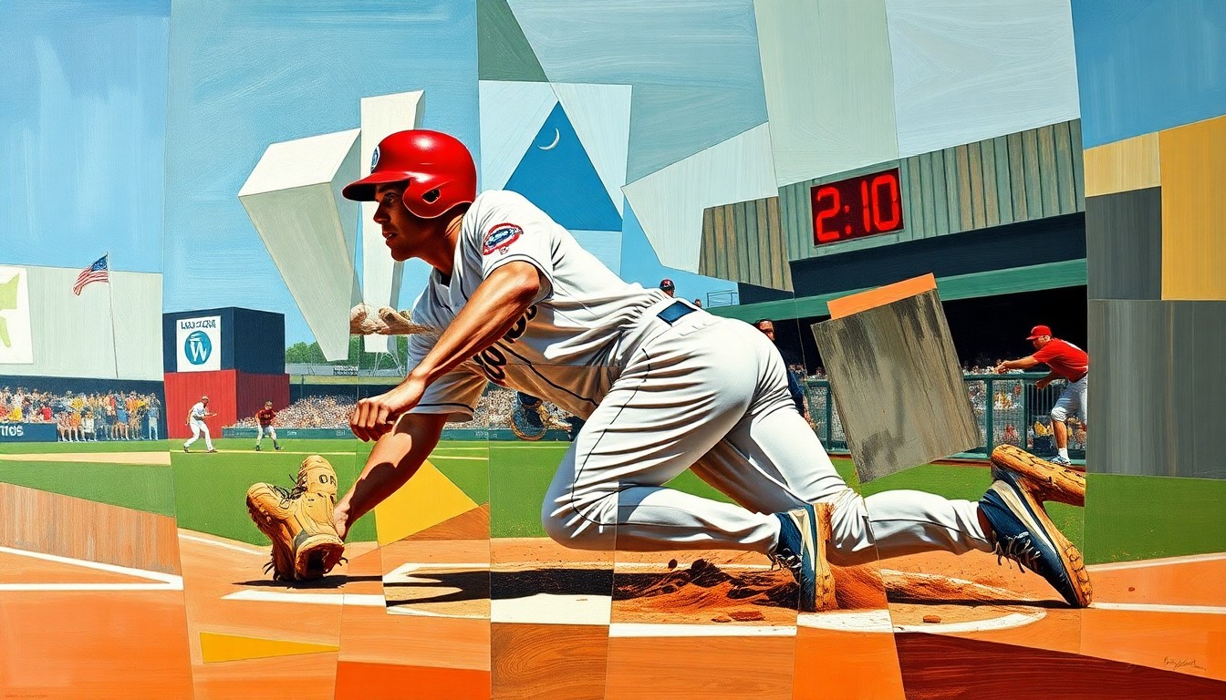 A cubist-style painting depicting a baseball player sliding into home plate, broken down into sharp, overlapping geometric shapes and planes in a vibrant color palette, conveying the dynamic energy of the sport.