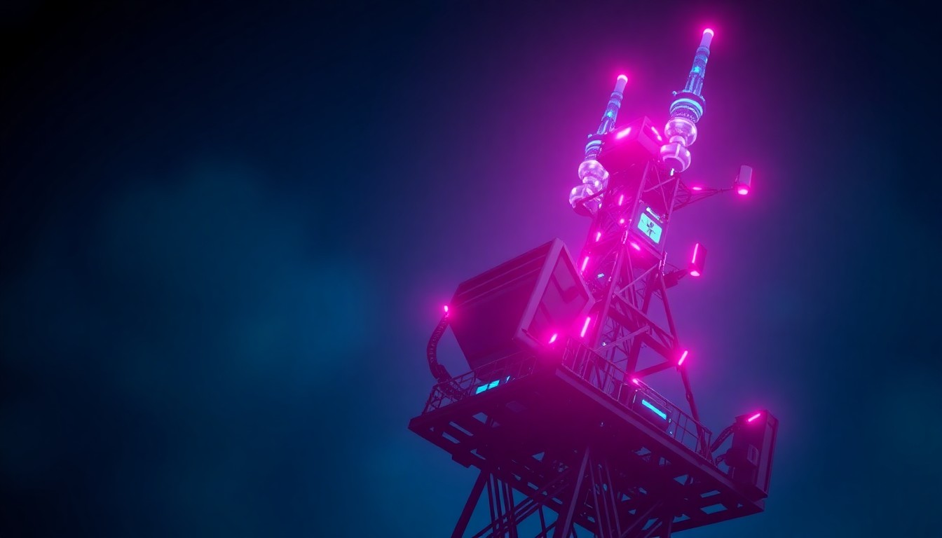 A highly detailed, glowing 3D illustration of a futuristic cellular network tower emitting neon cyan and magenta lights, representing the advanced cellular infrastructure that powers the new wireless intercom system.
