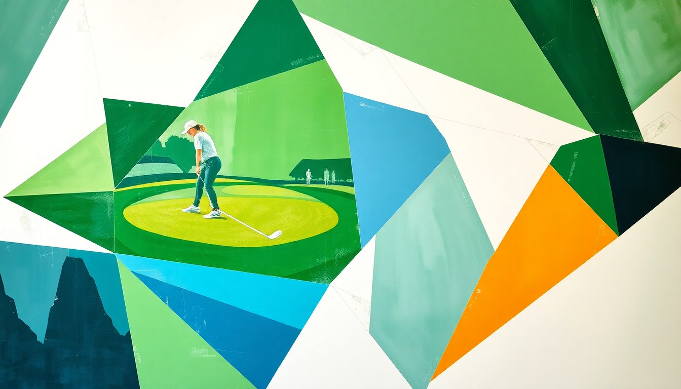 A fragmented, geometric painting depicting a women's golf tournament, with overlapping shapes and planes in shades of green, blue, and white, conveying the dynamic and multifaceted nature of the event.