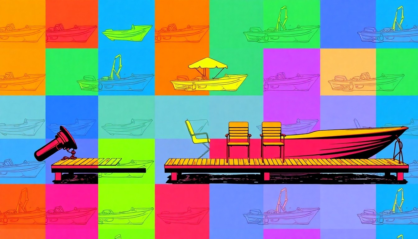 A grid of brightly colored, high-contrast silkscreen images of a single iconic lakefront object, such as a boat or patio furniture, rendered in a bold, neon color palette and heavy black outlines in the style of Andy Warhol, conceptually representing the modern design and amenities of this renovated San Angelo home.