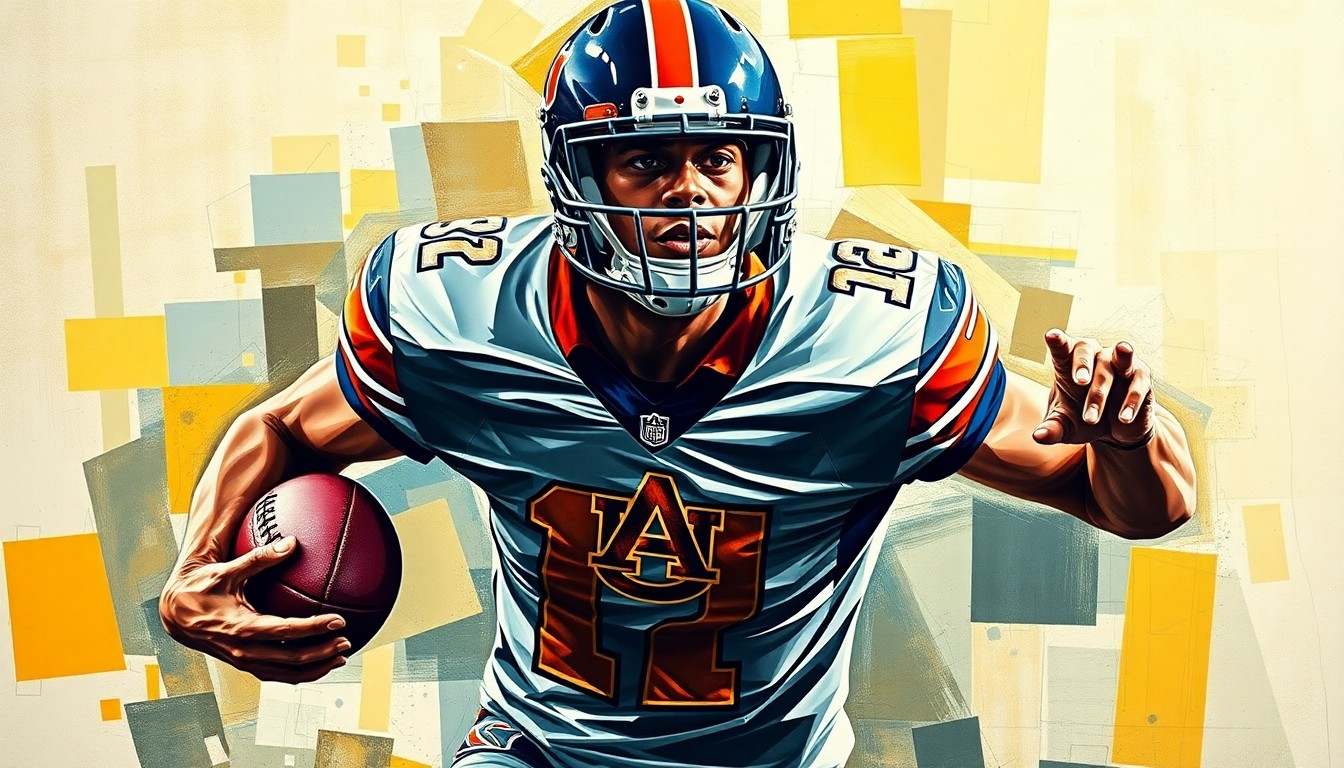 A cubist-style painting depicting an Auburn football player in mid-motion, with their body broken down into sharp, overlapping geometric shapes and planes in shades of orange and blue.
