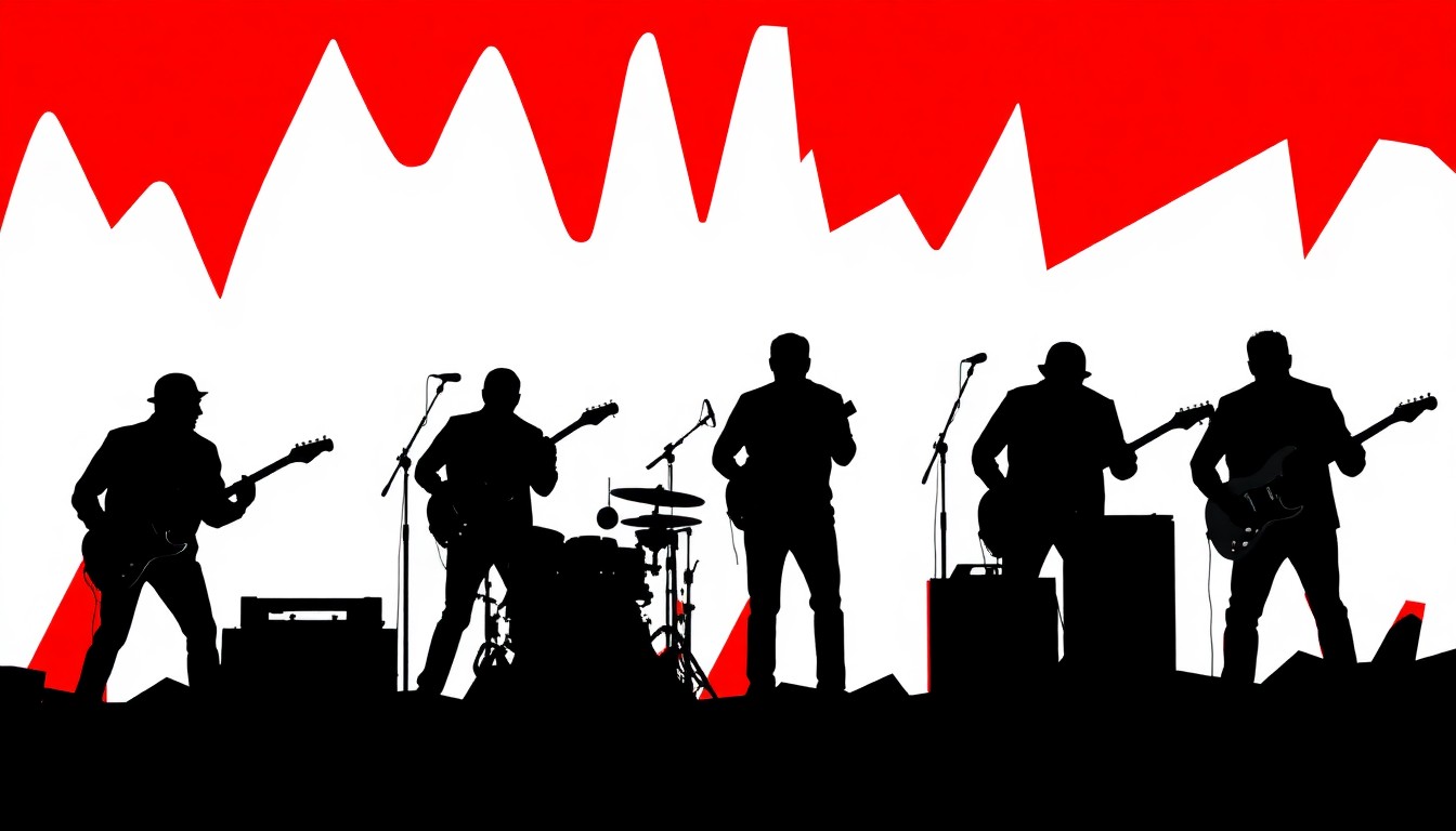 An abstract, minimalist illustration featuring sharp, overlapping black silhouettes of a blues band performing on stage, set against a high-contrast background of deep red and bright white, conveying the energy and excitement of the band's homecoming performance.