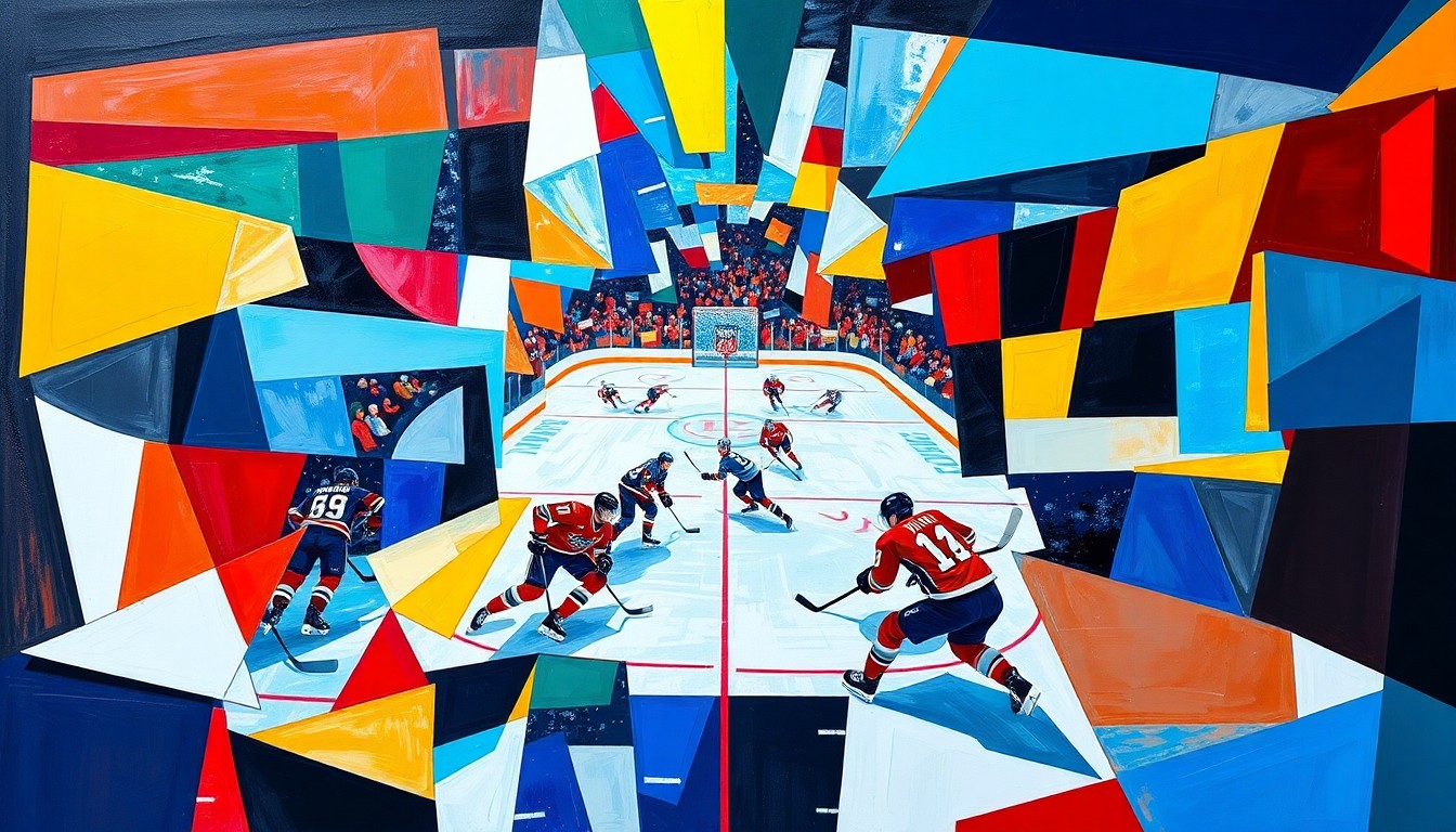 A cubist, geometric painting depicting the action and energy of an NHL playoff hockey game, with sharp, overlapping planes of color representing the competing teams.